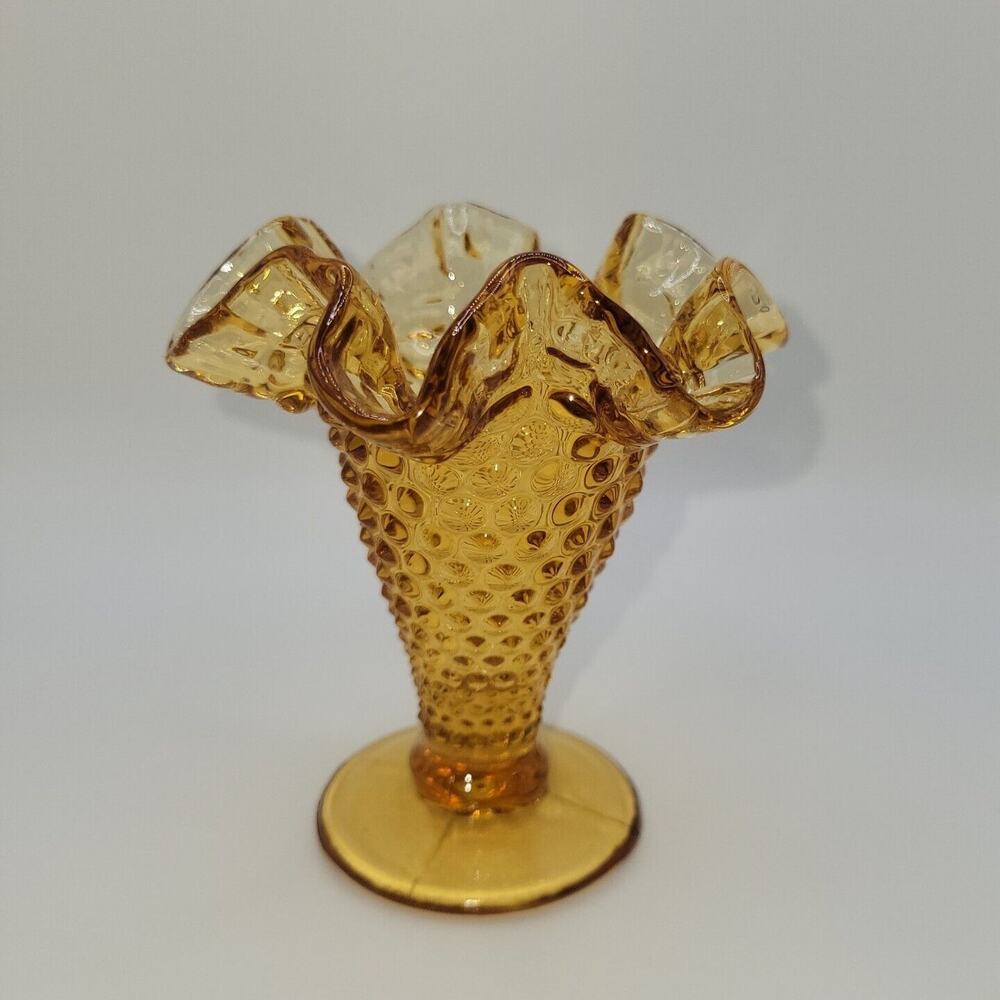 Vintage Fenton Amber Hobnail Miniature Vase 4”